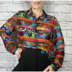 Vintage Chico's Silk Patchwork Vibrant Multipattern Sheer Blouse